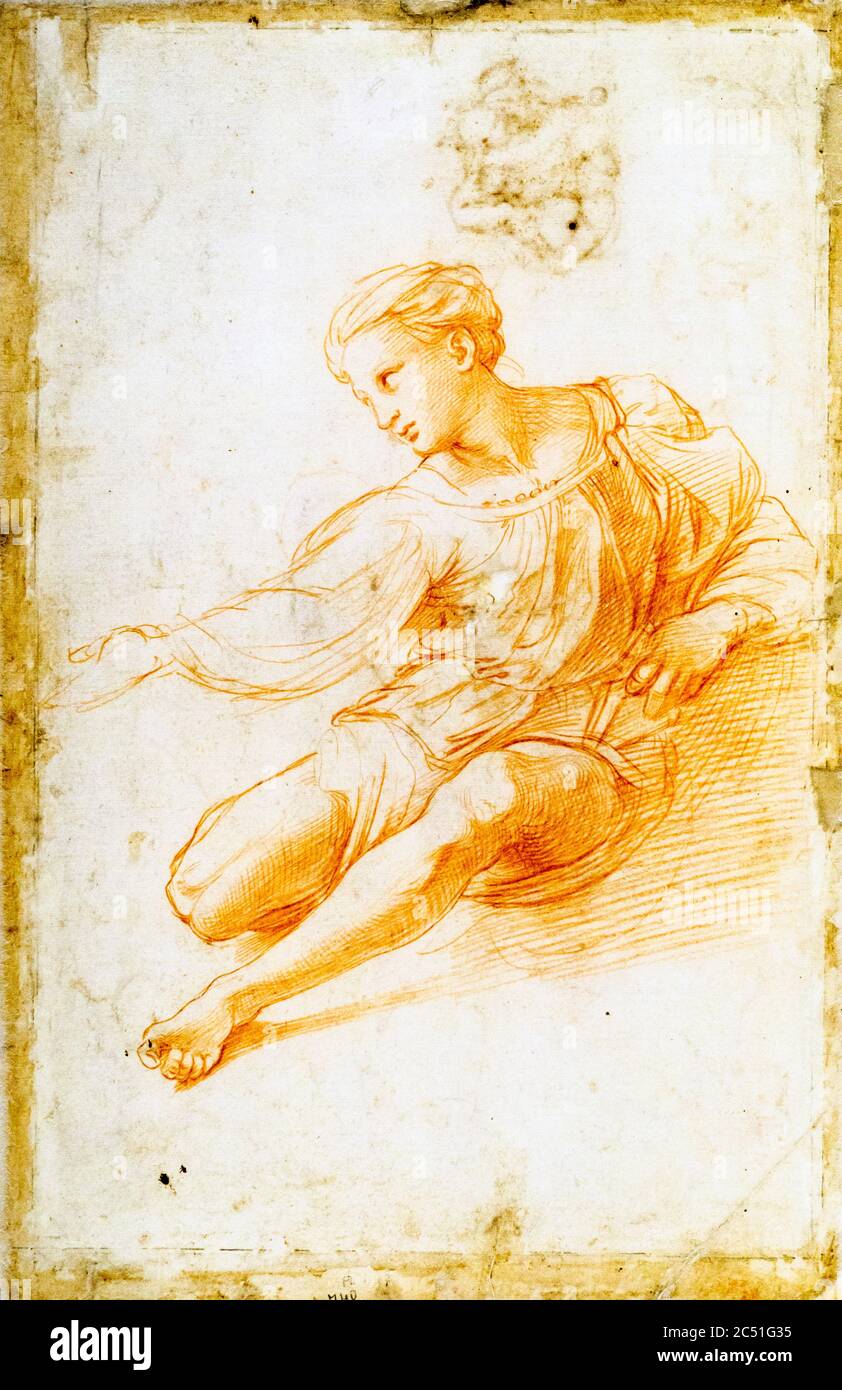 Study for a seated figure for the Alba Madonna by Raffaello Sanzio known as Raffaello (1483-1520) about 1510-1511 Penna e Pietra rossa Pen and Red chalk Stock Photo