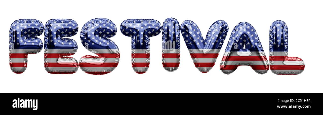 Festival USA stars and stripes foil balloon word. 3D Rendering Stock Photo