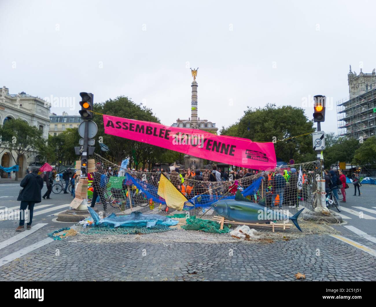 Extinction Rebellion (XR) protest, Place du Châtelet square, Paris, France. Environmental pressure group to compel government action Stock Photo