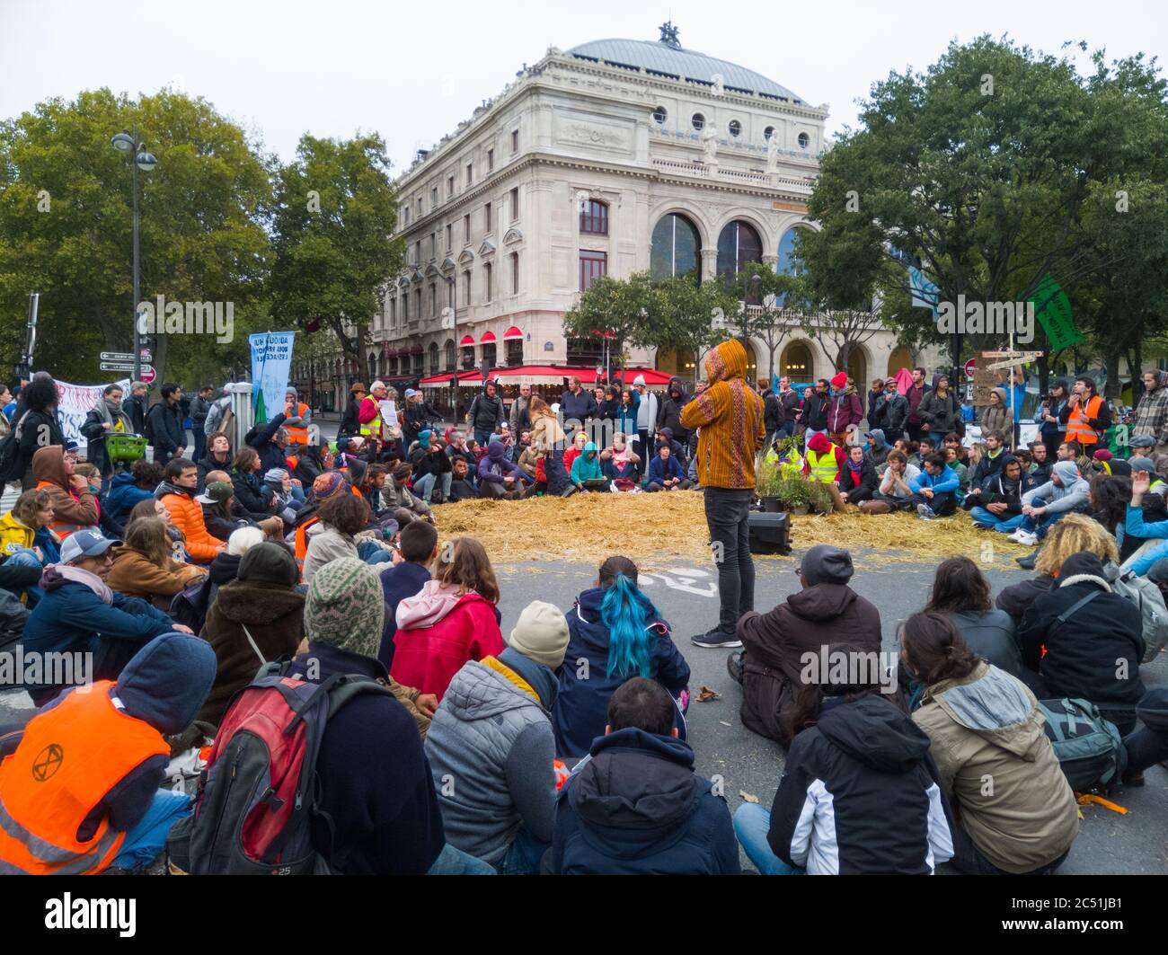 Extinction Rebellion (XR) protest meeting, Place du Châtelet square, Paris, France.  Environmental pressure group to compel government action Stock Photo