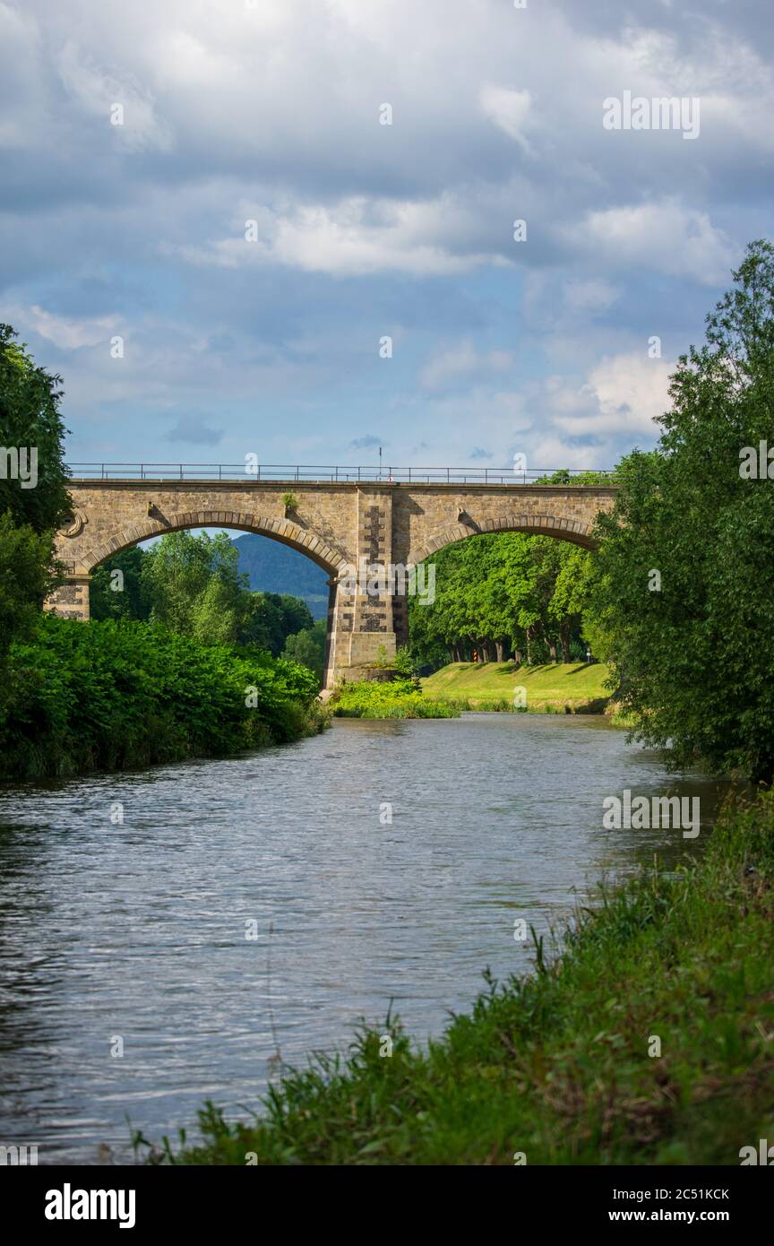 railway viaduct over river Neisse near Zittau connecting Poland and Germany Stock Photo