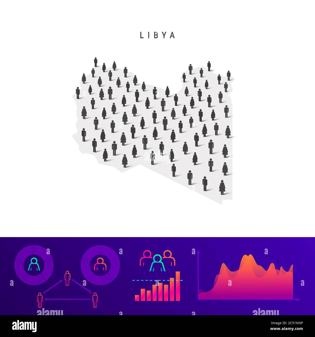 Libya people map. Detailed vector silhouette. Mixed crowd of men and women icons. Population infographic elements. Vector illustration isolated on whi Stock Vector