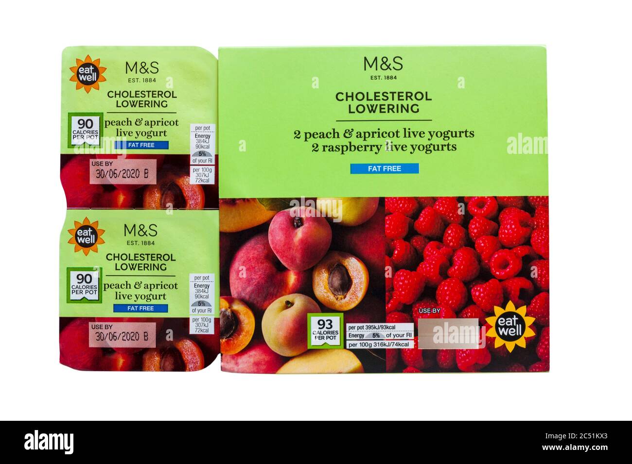 Pack of M&S cholesterol lowering fat free yogurts isolated on white