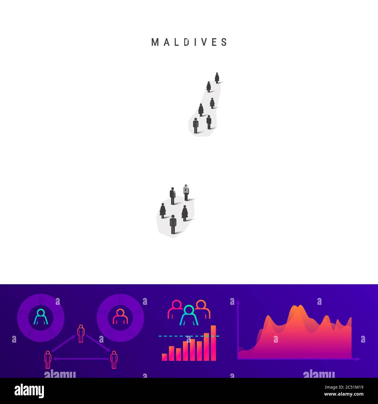 Maldivian people map. Detailed vector silhouette. Mixed crowd of men and women icons. Population infographic elements. Vector illustration isolated on Stock Vector