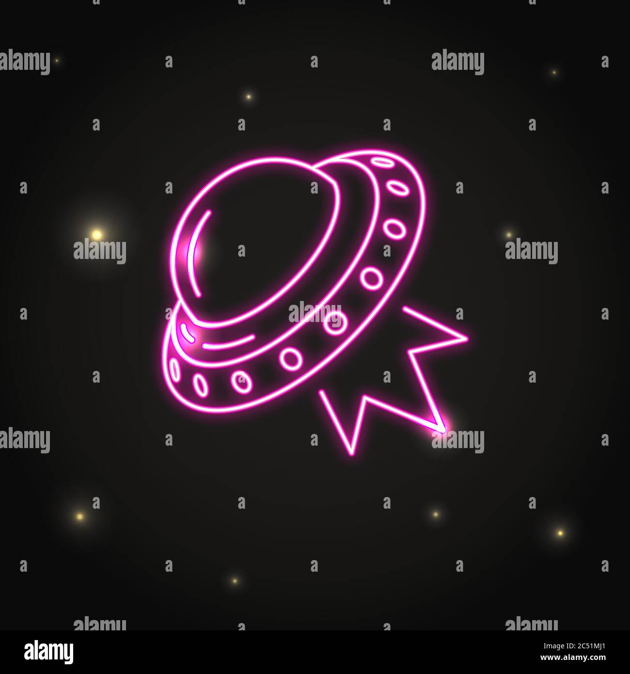 Neon Ufo spaceship icon in line style. Flying saucer electric light symbol in dark sky. Stock Vector