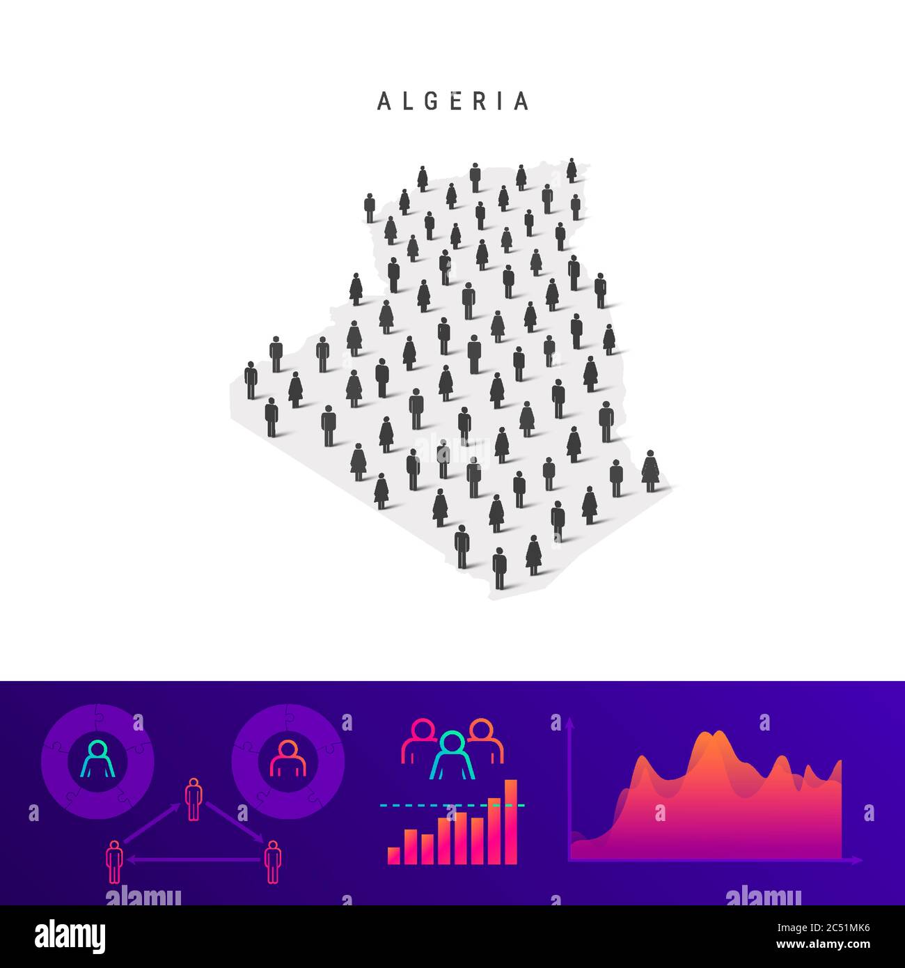 Algeria people map. Detailed vector silhouette. Mixed crowd of men and women icons. Population infographic elements. Vector illustration isolated on w Stock Vector
