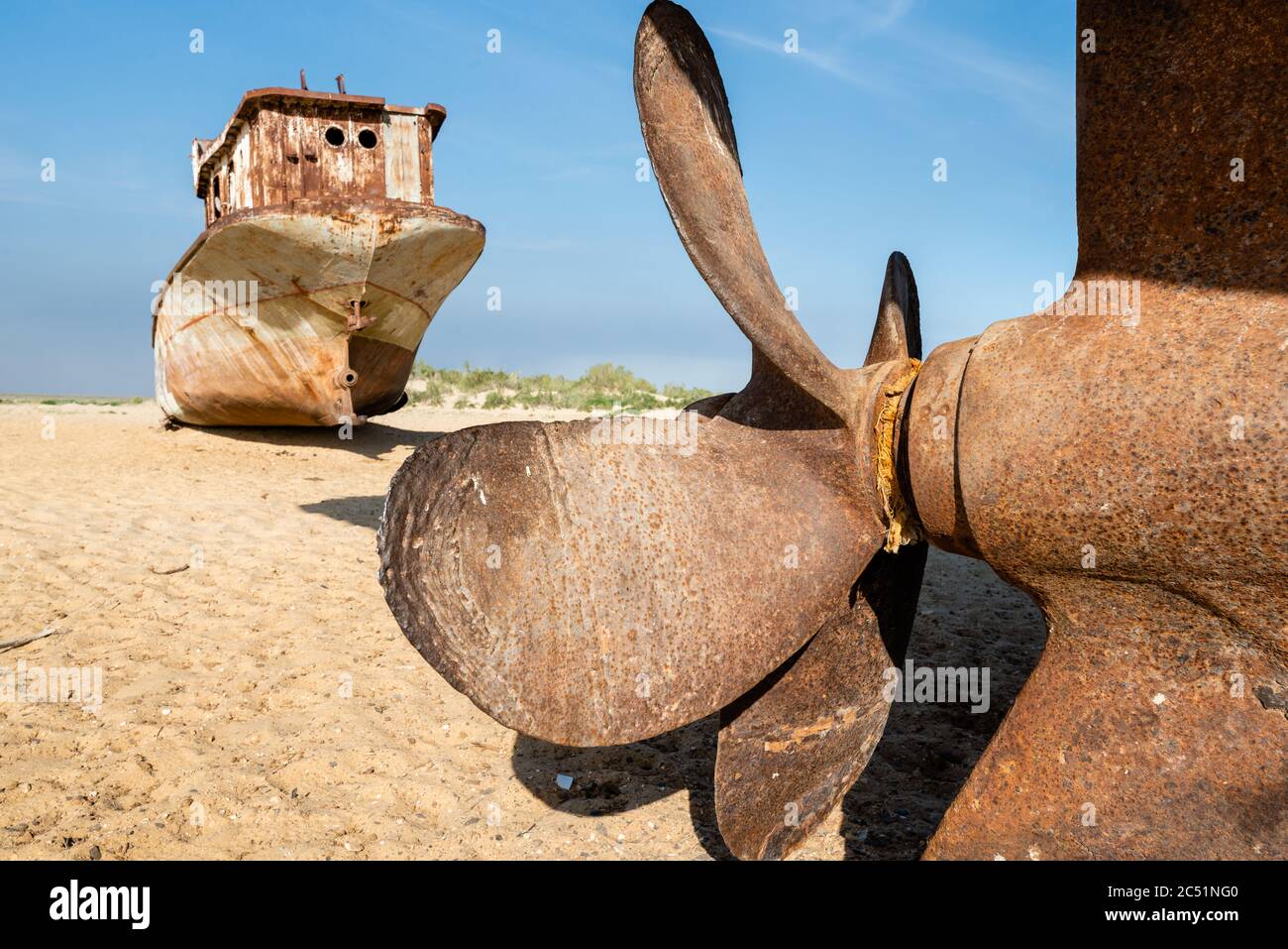 Rusting ships on the dry Aral sea in Uzbekistan in Moynaq Stock Photo