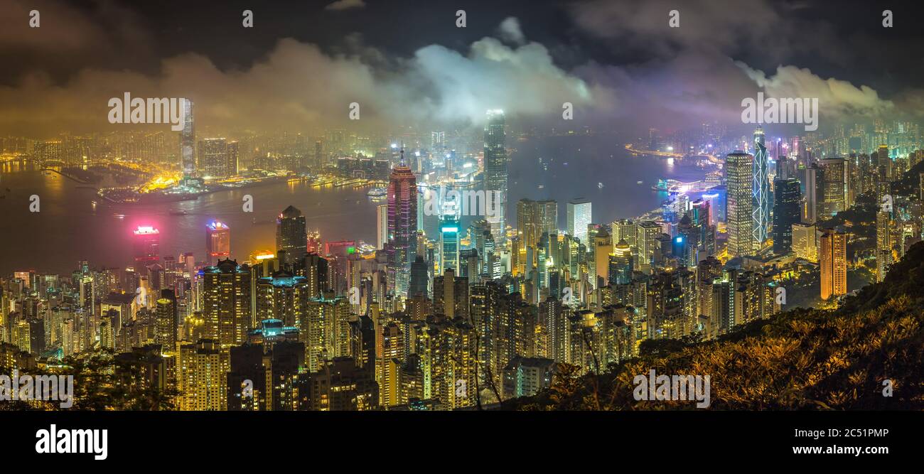 Panorama of Hong Kong business district in a summer night Stock Photo ...