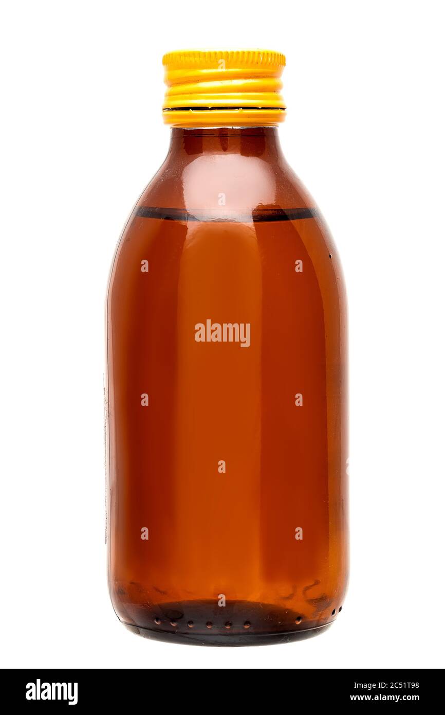 cough syrup medical brown glass bottle with yellow cap isolated on a