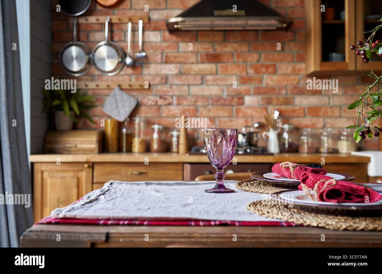 Download Serving For Dinner On Kitchen Table Warm Kitchen Background Interior Mockup Stock Photo Alamy