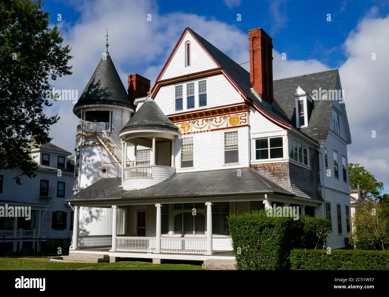 Classic shingle style American house with turrets and porch, Newport