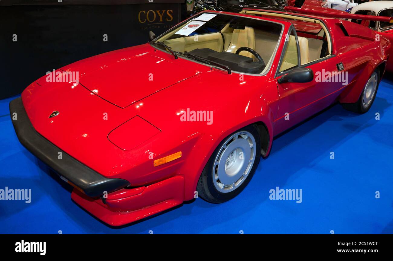 Three-Quarters Front View of a Red, 1984, Lamborghini Jalpa, on display in the Coys Auction Area of the 2019 London Classic Car Show Stock Photo