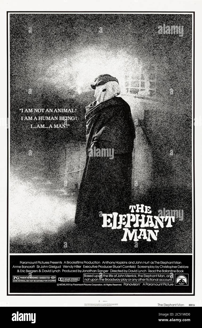 The Elephant Man (1980) directed by David Lynch and starring Anthony Hopkins, John Hurt, John Gielgud and Anne Bancroft. The true and tragic story of Joseph 'John' Merrick who suffered from severe deformities and exhibited in a freak show. Stock Photo