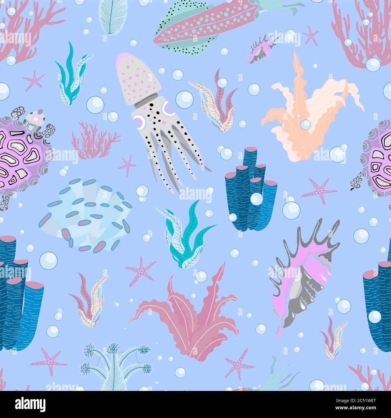 Algae oceanic pattern. Floral summer pattern. Summer design. BLUE LIGHT BACKGROUND. Stock Vector