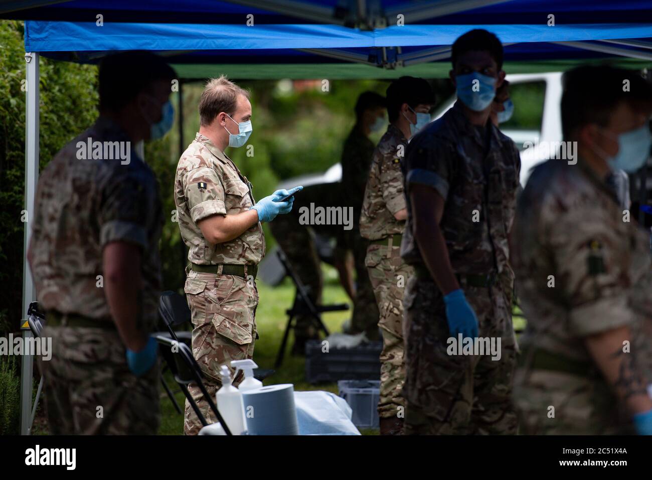 Members of the military at a Covid-19 testing centre in Spinney Hill Park in Leicester, after the Health Secretary Matt Hancock imposed a local lockdown following a spike in coronavirus cases in the city. Stock Photo