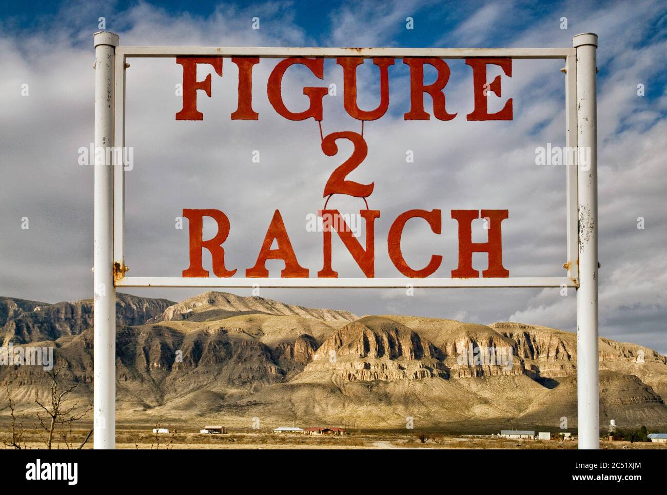 Sign at historic Figure 2 Ranch in Big Bend Country with Sierra Diablo