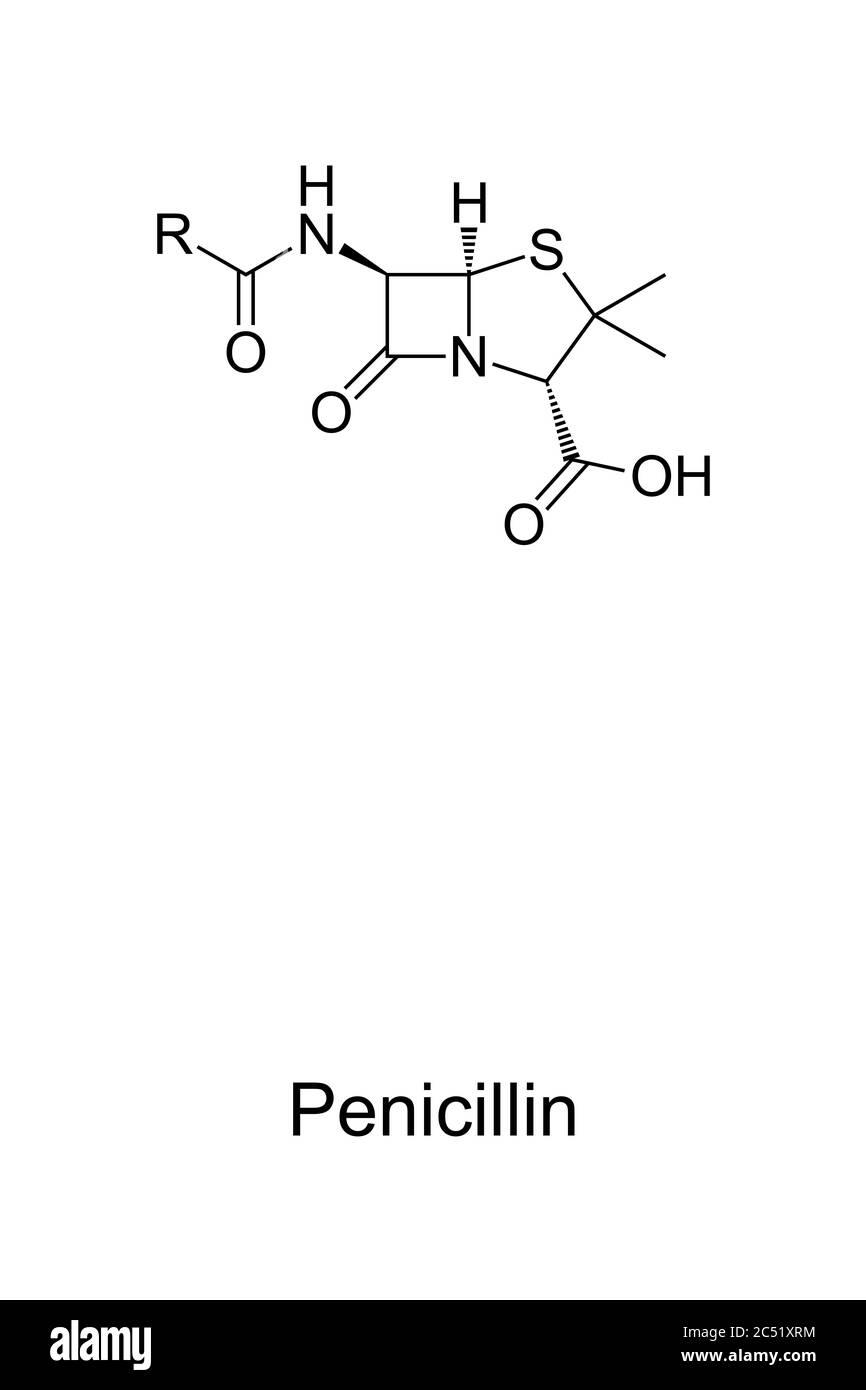 Penicillin, chemical core structure and skeletal formula of PCN or pen, a group of antibiotics. R in the formula is the variable group. Stock Photo
