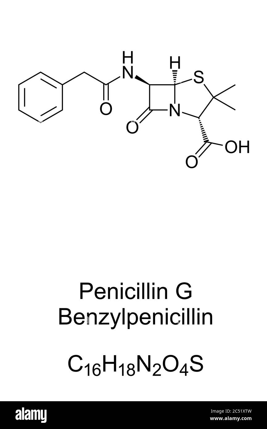 Benzylpenicillin, chemical structure and skeletal formula of penicillin G. Antibiotic used to treat a number of bacterial infections. Stock Photo