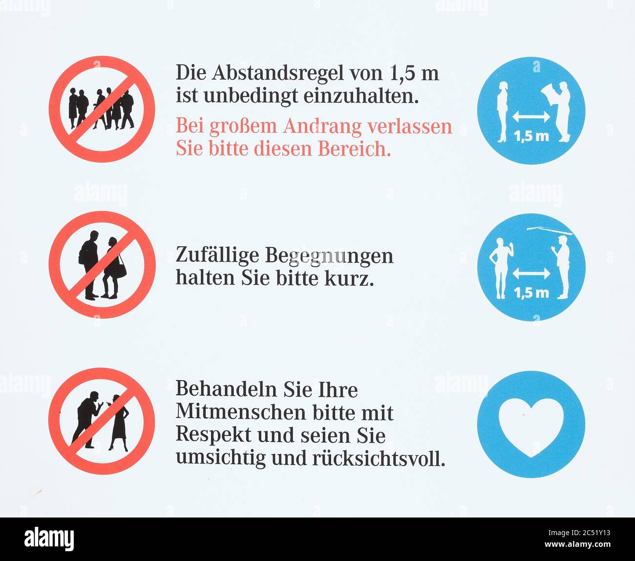 Hinweisschilder zu Verhaltensregeln wegen Coronavirus,  Deutschland, Europa Stock Photo