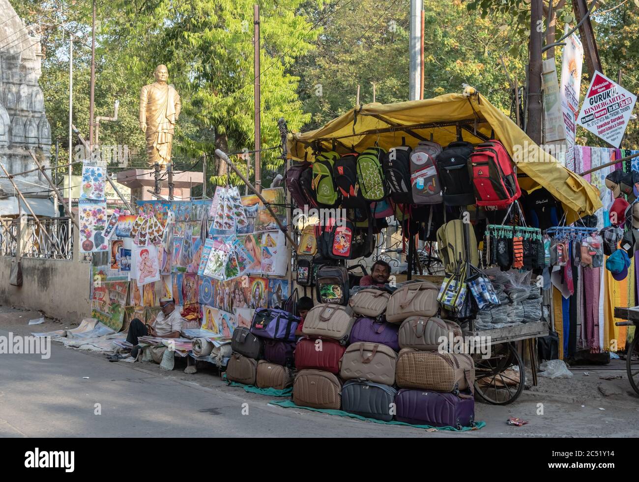 Nagpur, Maharashtra, India - March 2019: A shop in a street corner selling bags in the market in the old city area of Nagpur. Stock Photo