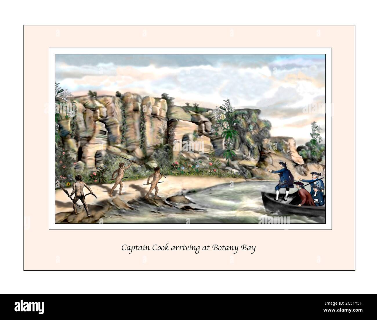Captain James Cook Arriving at Botany Bay Illustration based on a 19th century painting Stock Photo