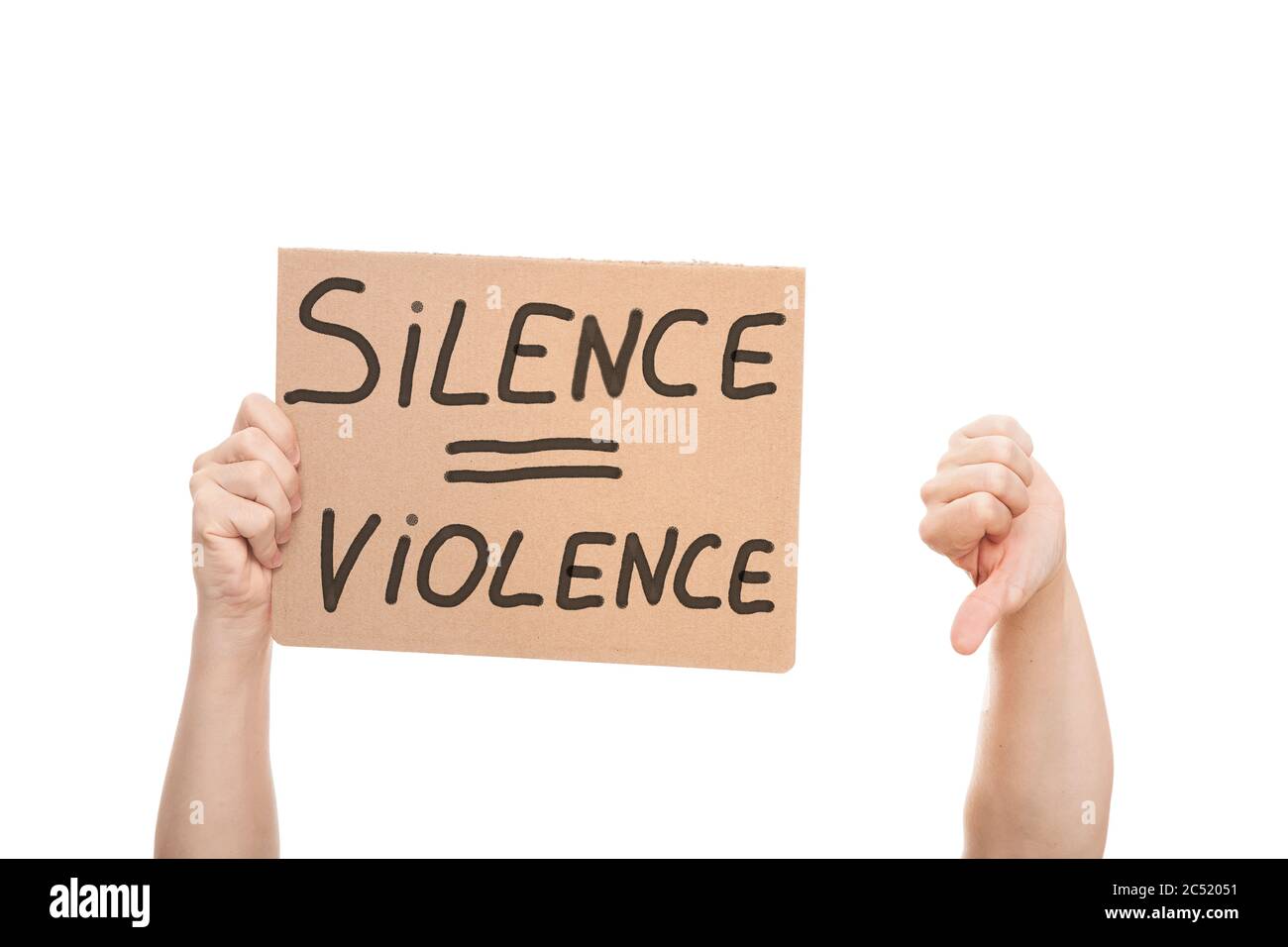 protest shows thumb down and  hands holding a cardboard poster with the message text silence is violence isolated on white background, concept on the Stock Photo