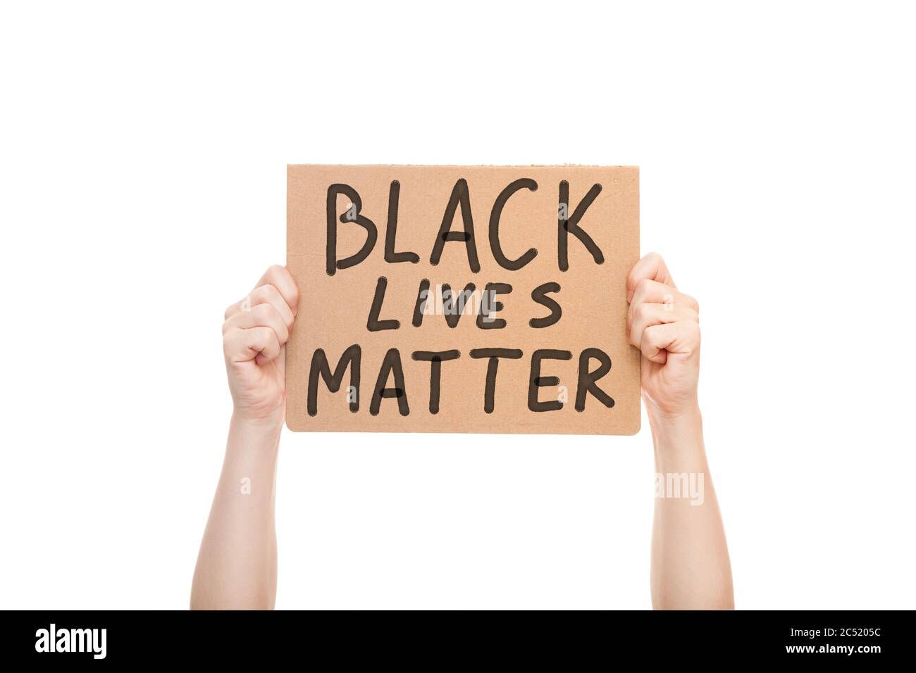 protest hands holding a cardboard poster with the message text Black lives matter isolated on white background, concept on the theme of prostate for p Stock Photo