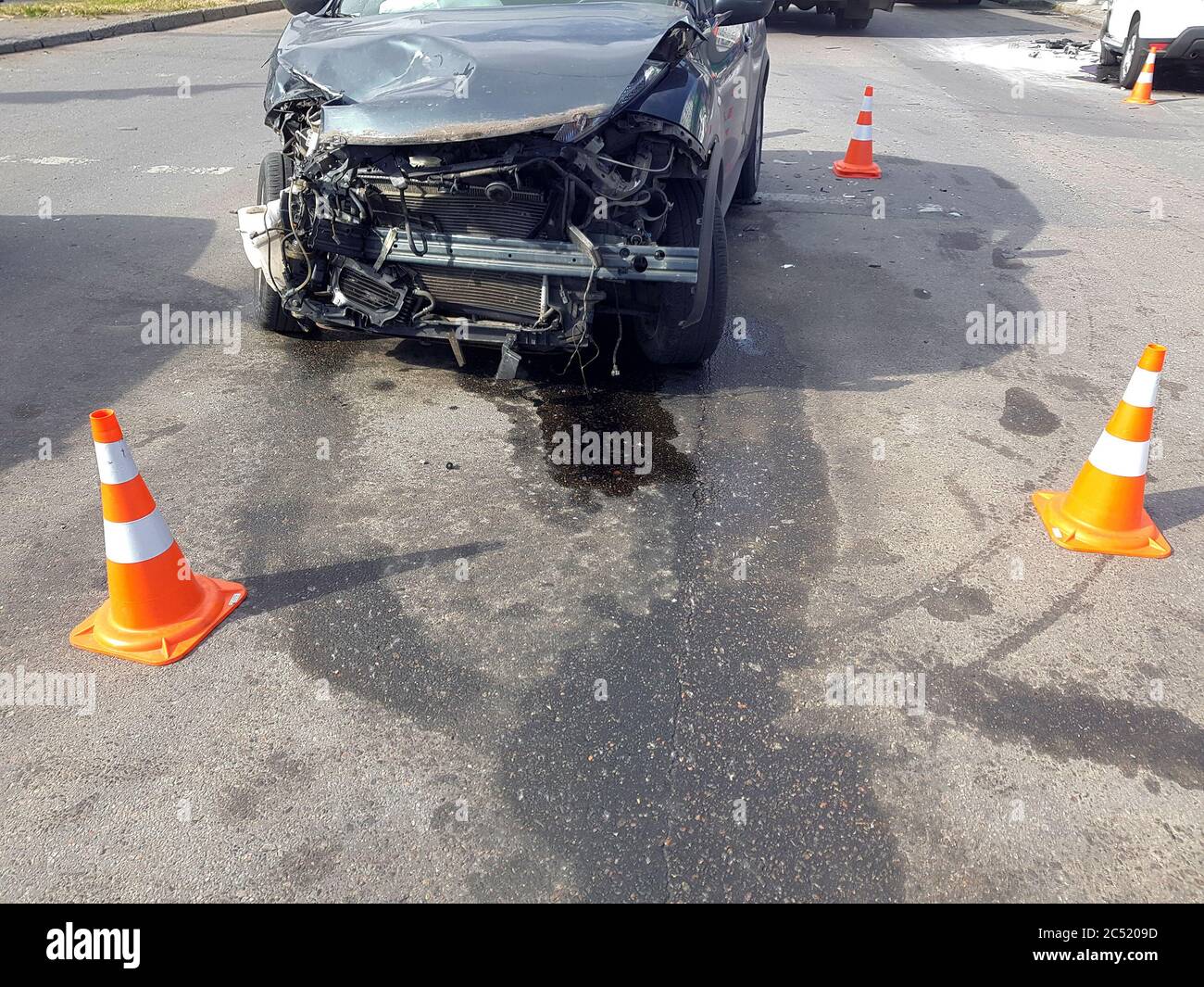 broken suv car after a front collision damaged engine compartment of