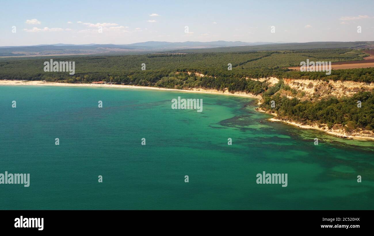 Landscape of the sea surrounded by the shore covered in greenery under ...