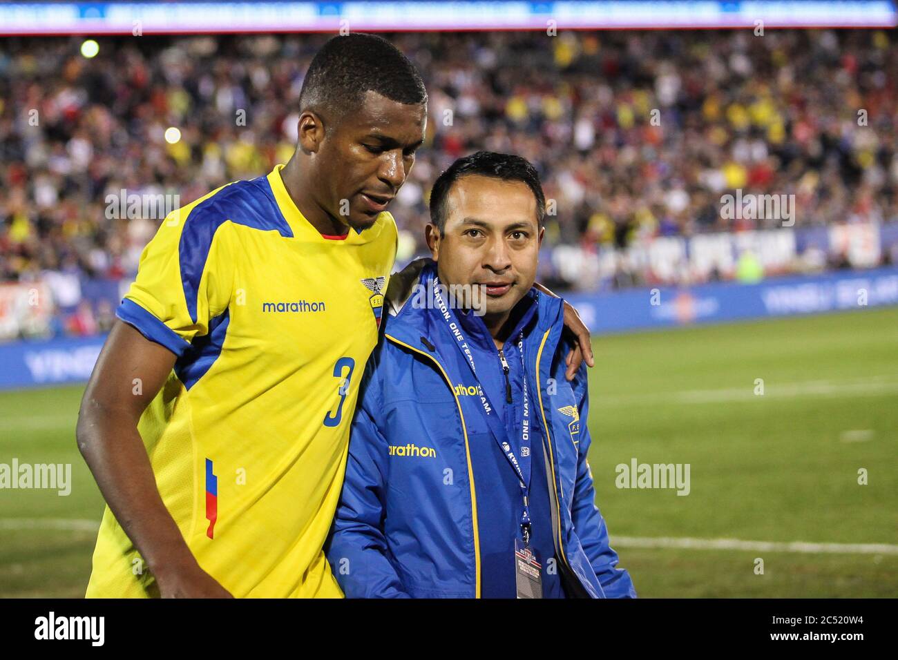 EAST HARTFORD, CT - OCTOBER 10:  Player #3 from Ecuadorian soccer team is leavin field against the United States during an international friendly at R Stock Photo