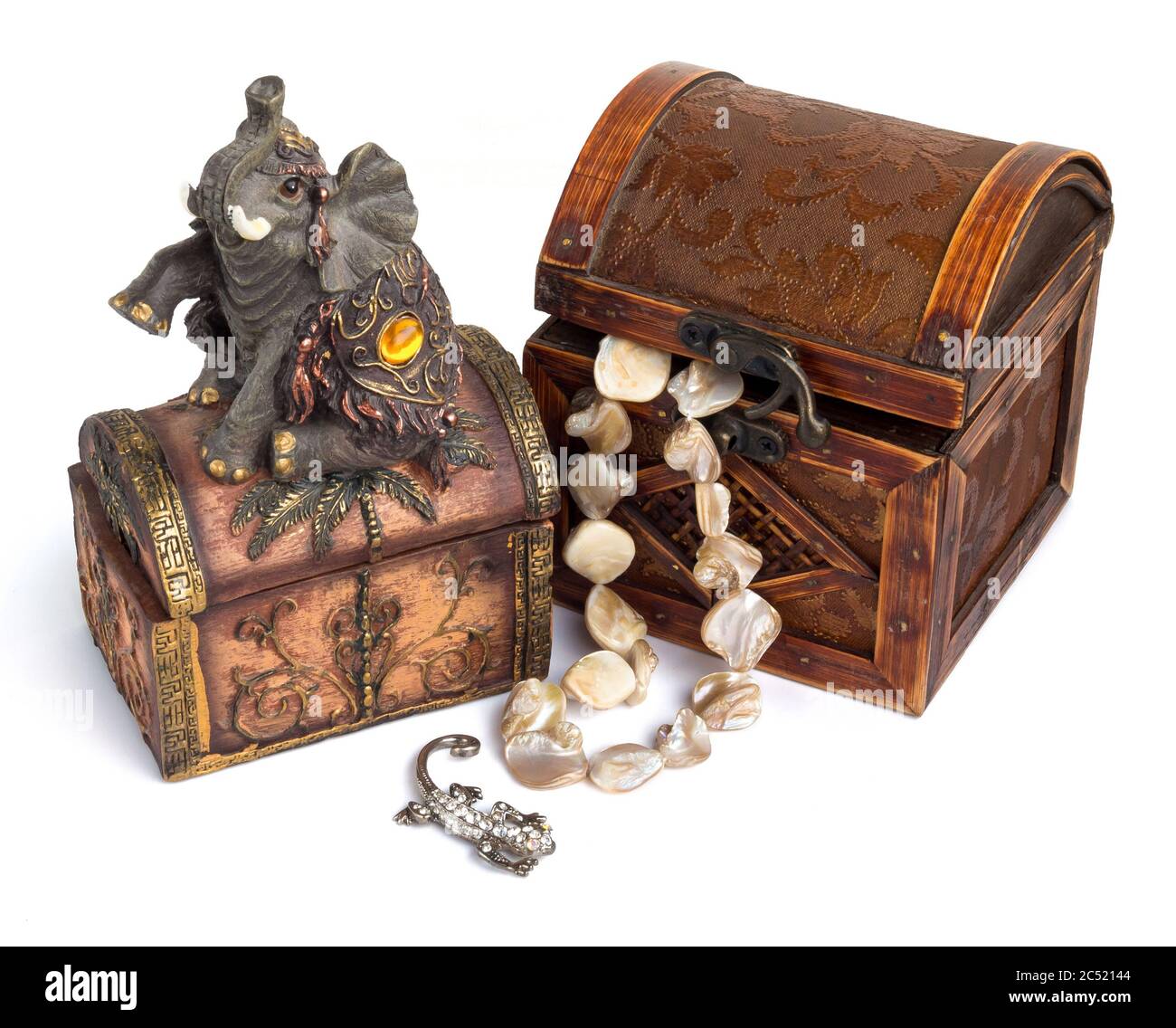 Vintage wooden treasure chests on white background Stock Photo Alamy