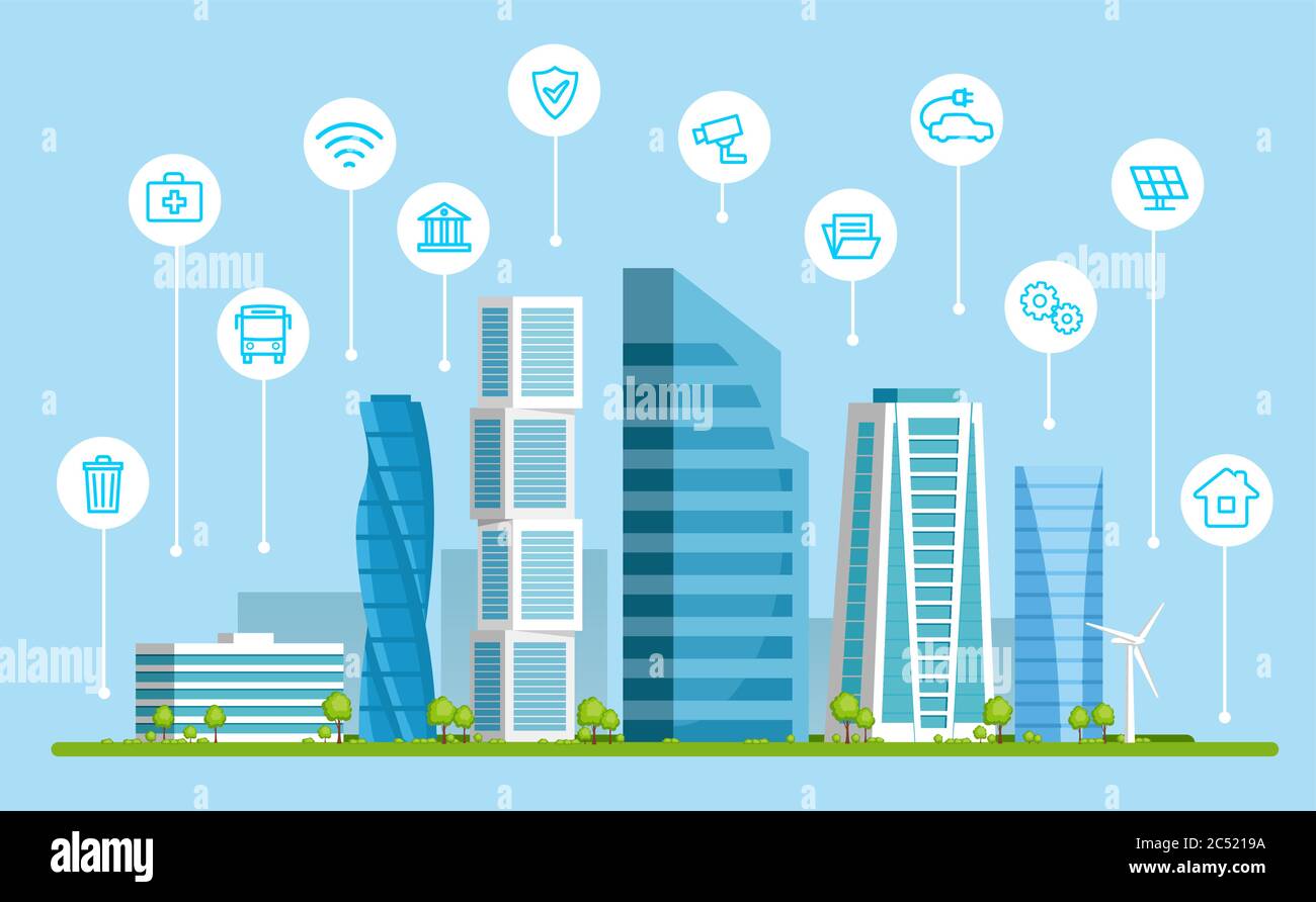 Vector Illustration Of Smart City Concept With Urban Buildings ...