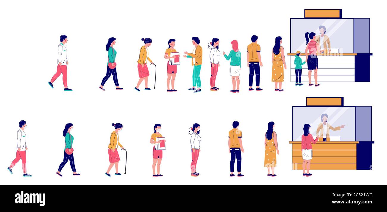 People waiting in line at ticket box, vector flat illustration Stock Vector