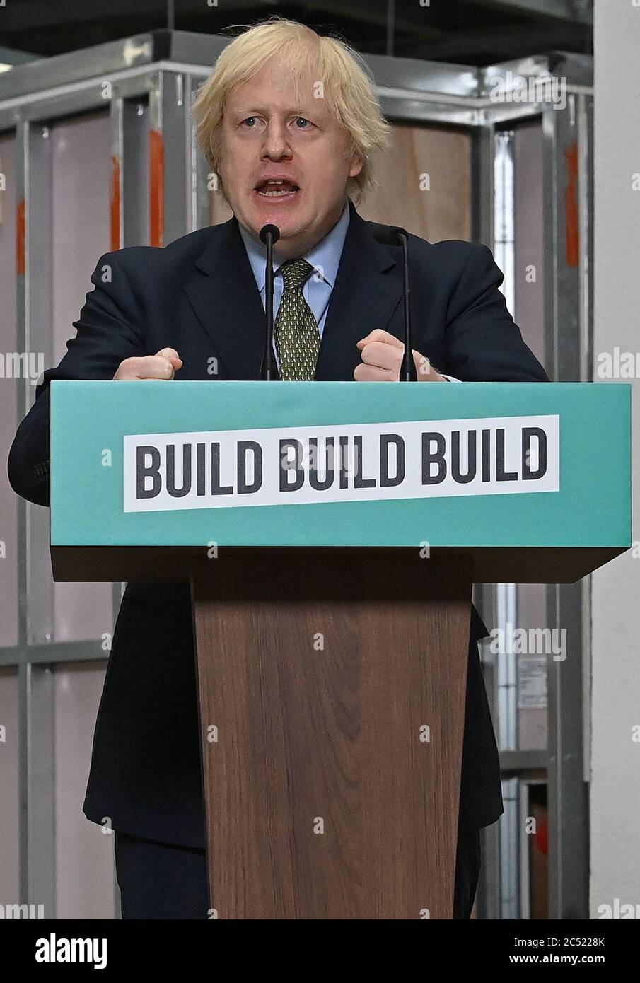 Prime Minister Boris Johnson giving a speech during a visit to Dudley College of Technology in Dudley, he said he will follow in the footsteps of president Franklin D Roosevelt, who led the US out of the Great Depression in the 1930s, by investing in infrastructure projects to help stimulate the nation's recovery from the coronavirus pandemic. Stock Photo