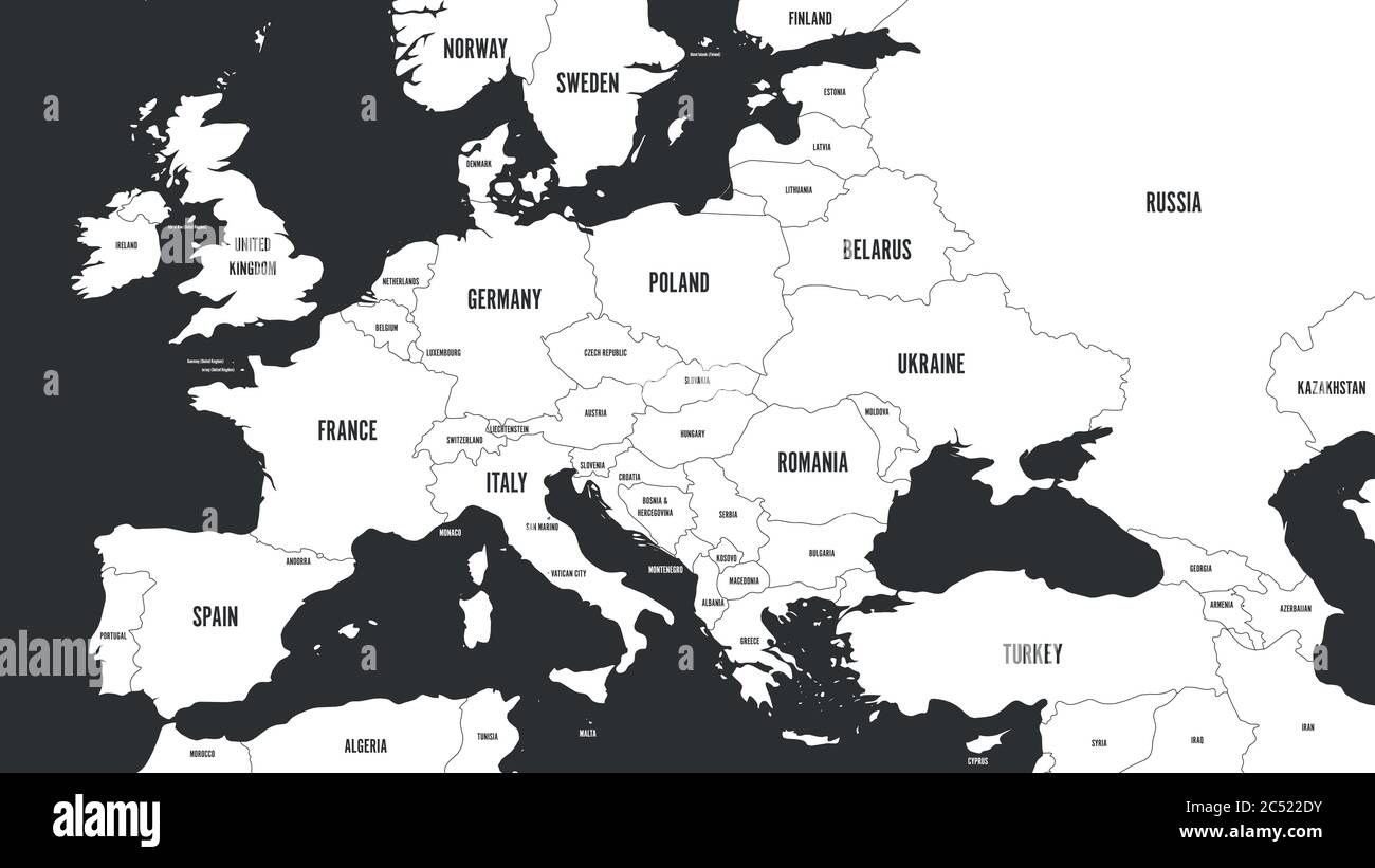 Map of Europe without Scandinavian states. White vector map on dark grey background. Stock Vector