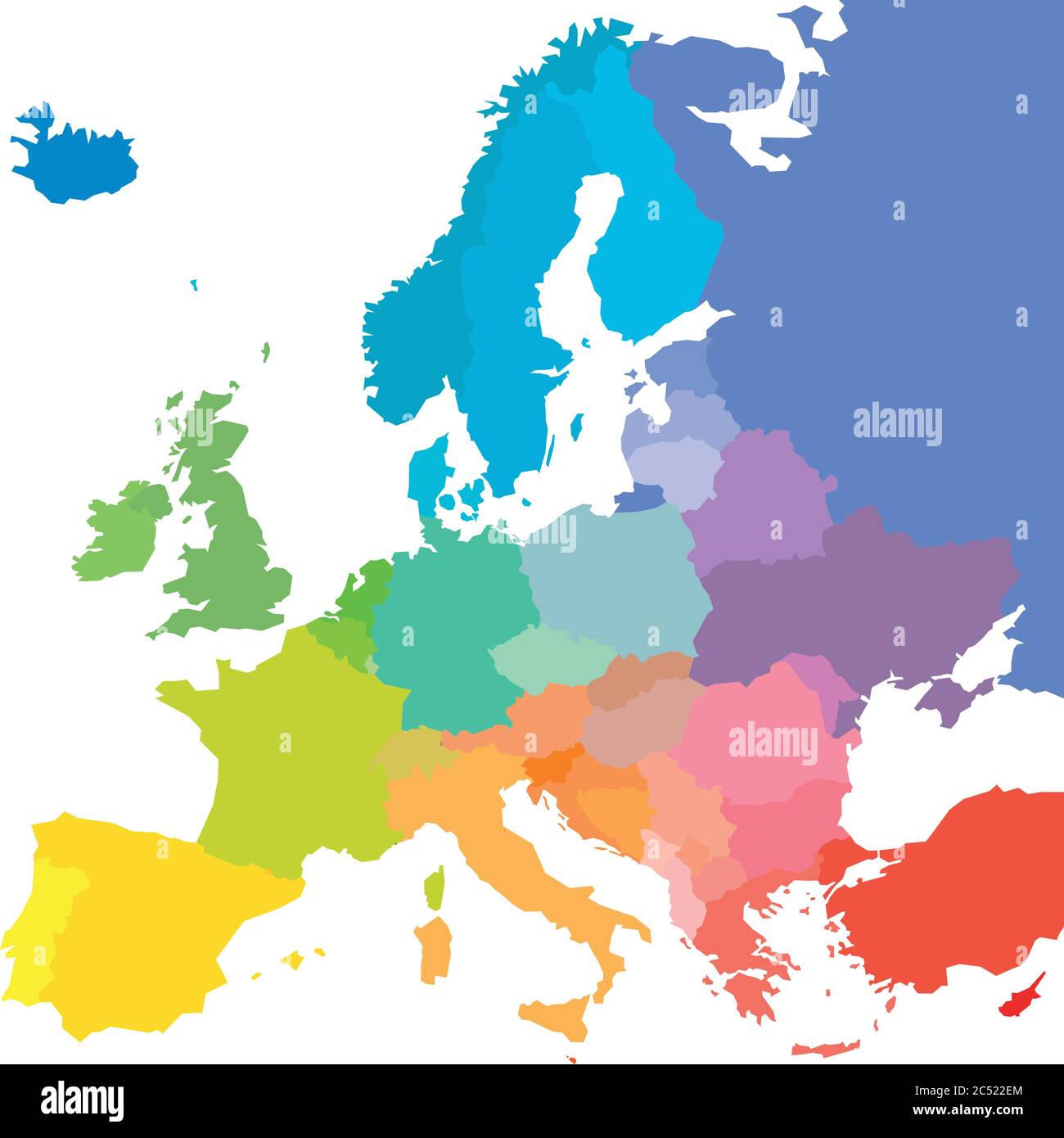 Map of Europe in colors of rainbow spectrum. With European countries names. Stock Vector