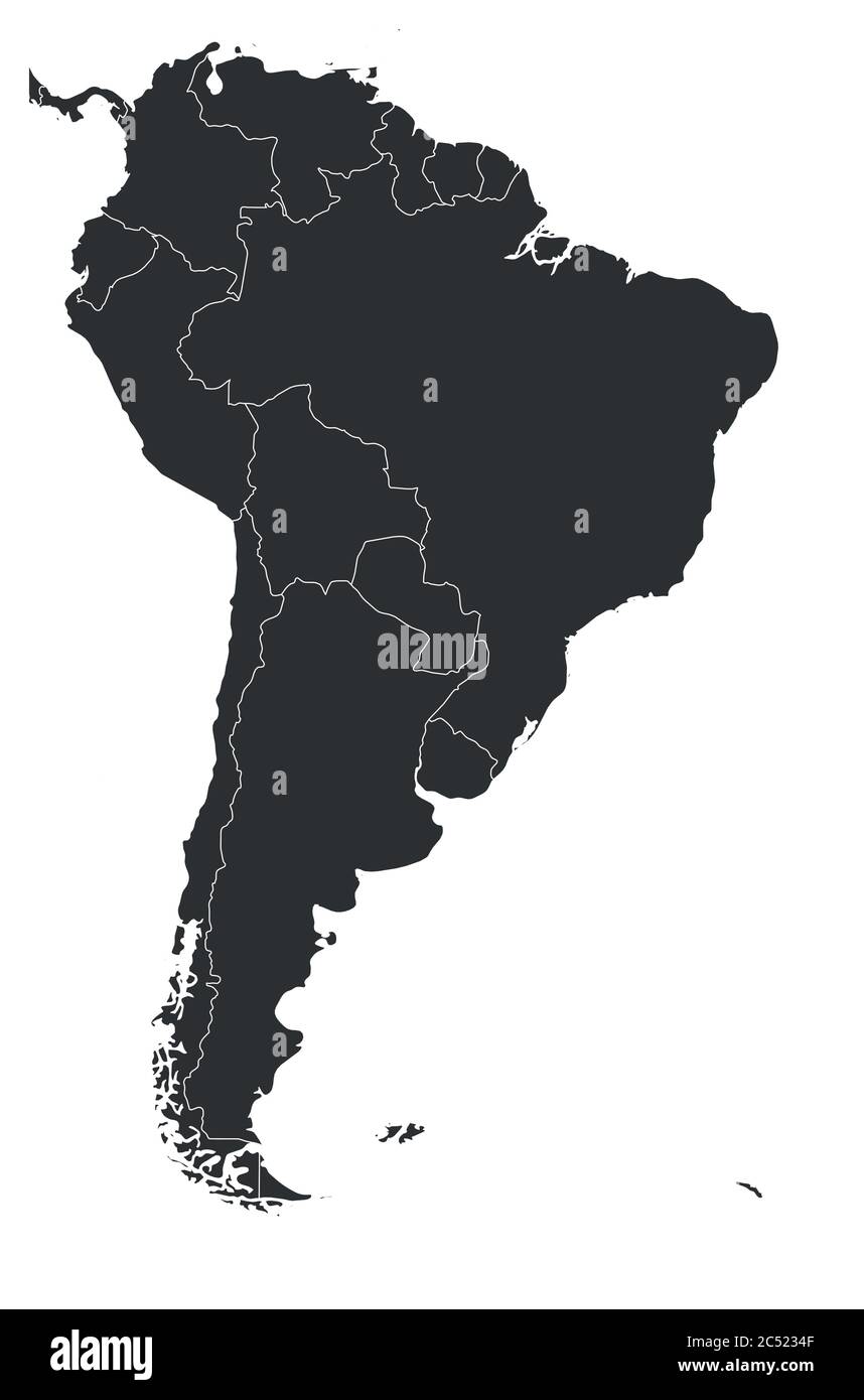 Blank political map of South America. Simple flat vector map in grey