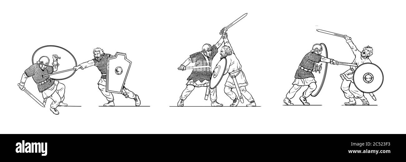 Barbarians attack the Roman soldiers. Historical outline drawing. Stock Photo