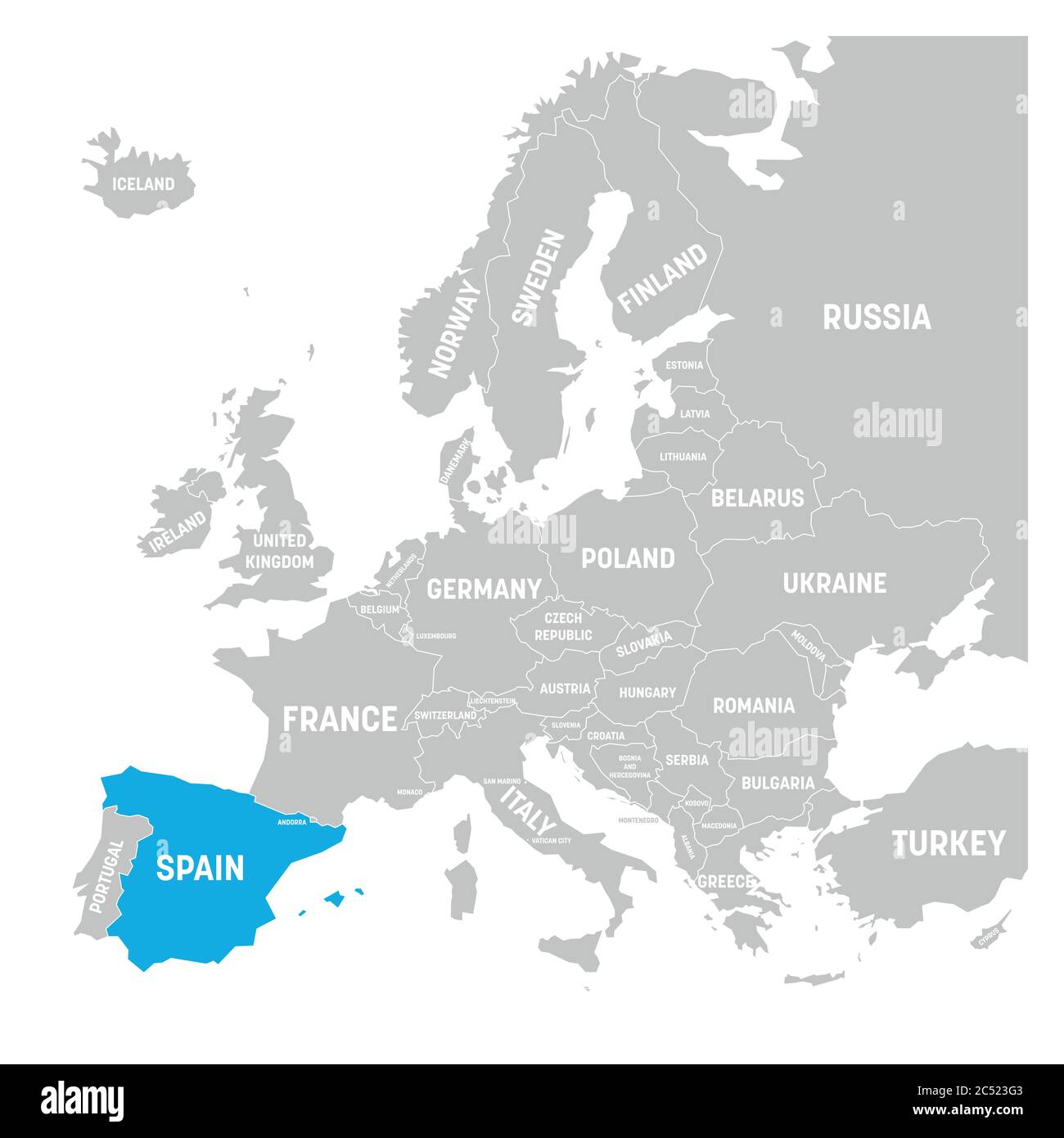 Spain marked by blue in grey political map of Europe. Vector illustration. Stock Vector