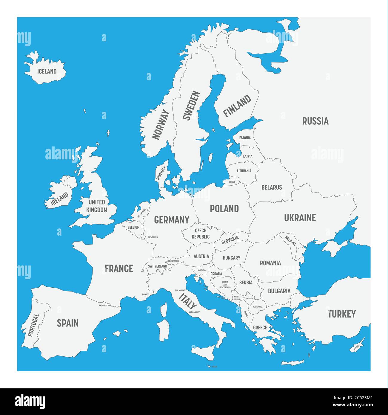 Map of Europe with names of sovereign countries, ministates included. Simplified black vector map on white background. Stock Vector