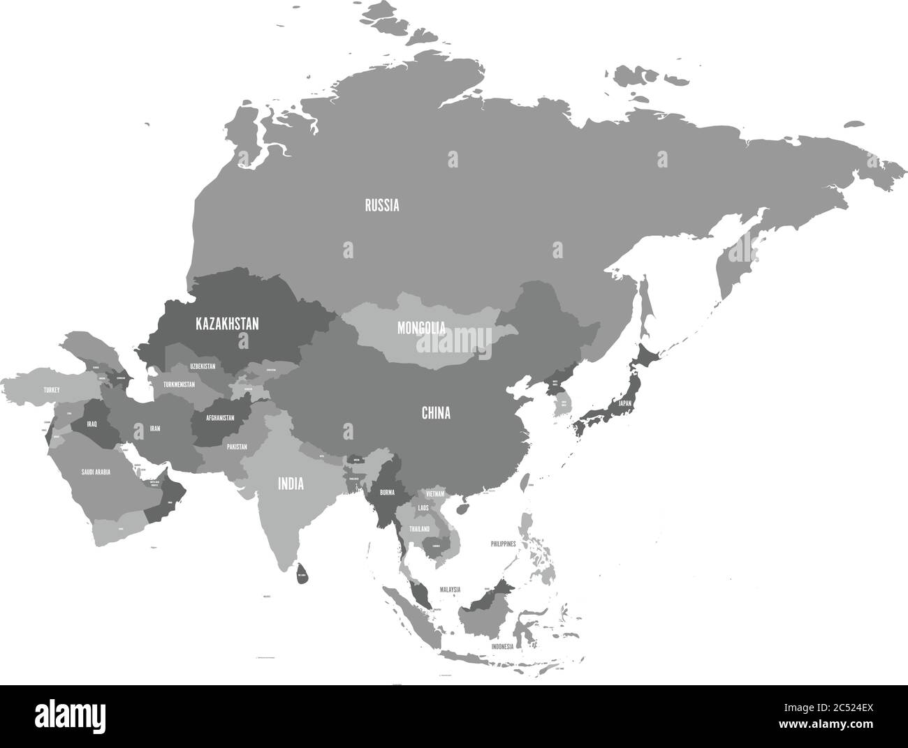 Political map of Asia continent in shades of grey. Vector illustration. Stock Vector