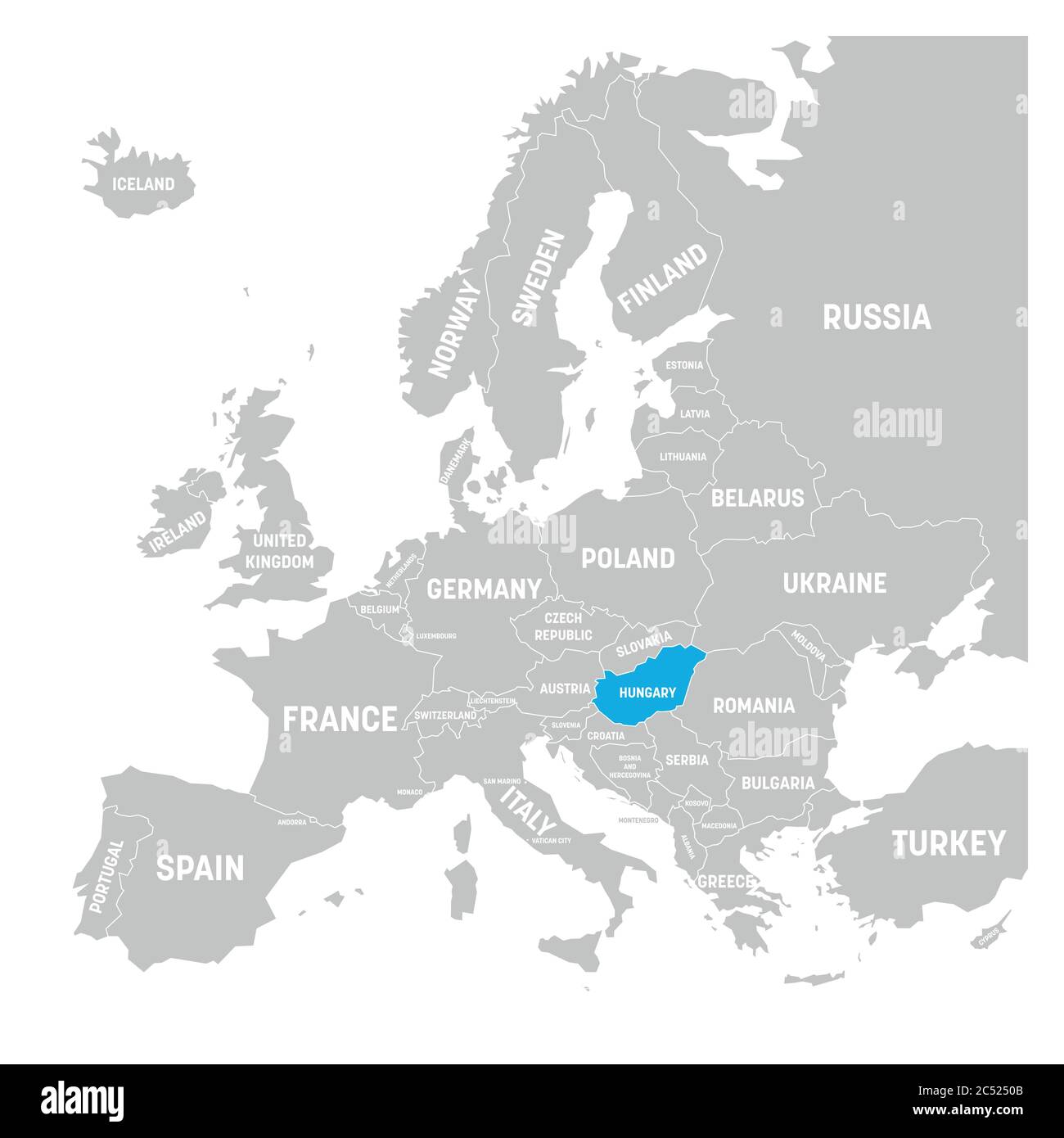 Hungary In World Political Map Hungary Marked By Blue In Grey Political Map Of Europe. Vector Illustration  Stock Vector Image & Art - Alamy