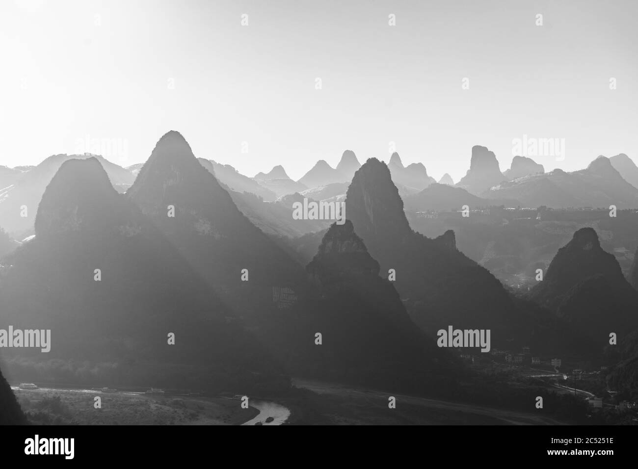 Sunlight over the beautiful karst landscape of Xingping, Guilin, China Stock Photo