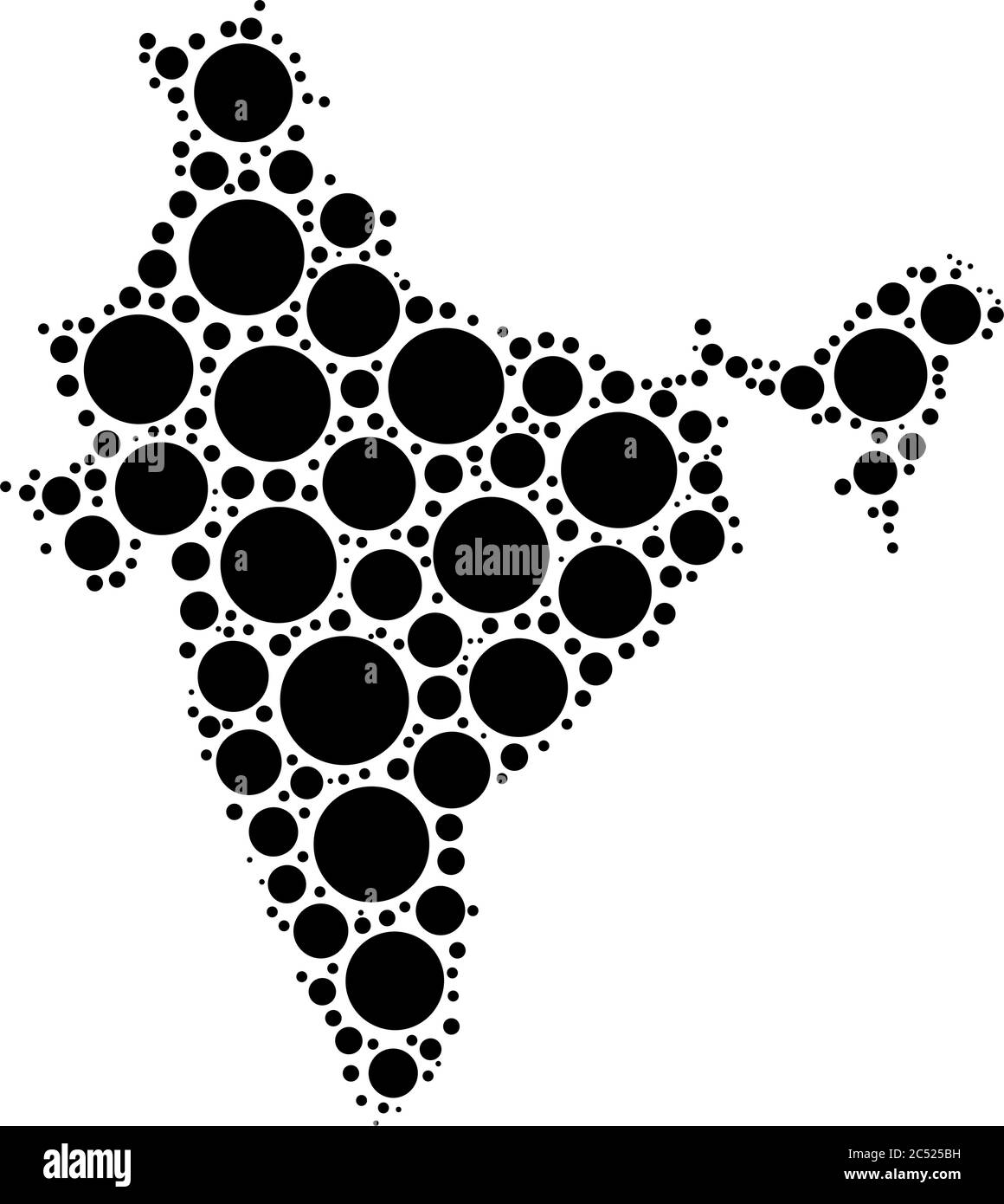 India map mosaic of circles in various sizes. Black dotted vector map on white background. Stock Vector