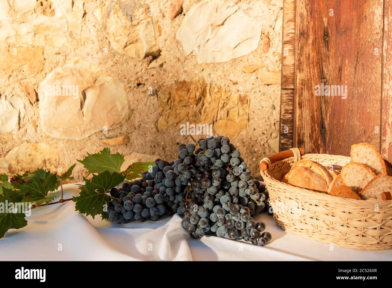 Verkostung von Wein und Käse aus eigener Herstellung auf einem Weingut in der Toskana Stock Photo