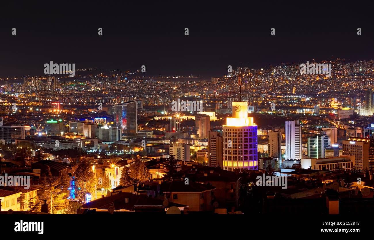 March, 2020 - Ankara, Turkey: Panoramic cityscape of Ankara, Turkey at night. View from Cankaya district. Stock Photo