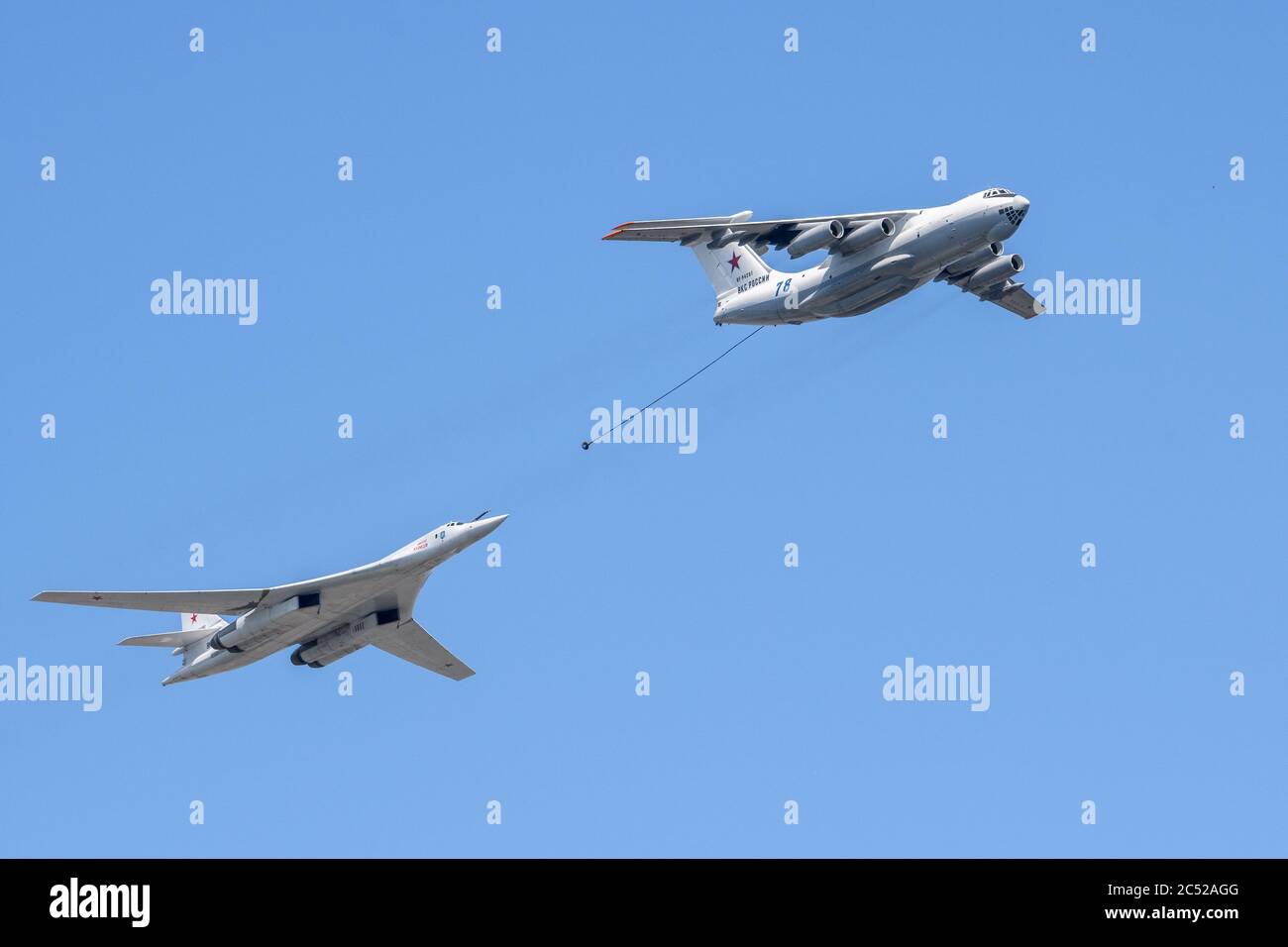 MOSCOW, RUSSIA - JUN 2020: Refueling aircraft and supersonic strategic bomber Tu-160 (Blackjack) at the parade in honor of the 75th anniversary of the Stock Photo