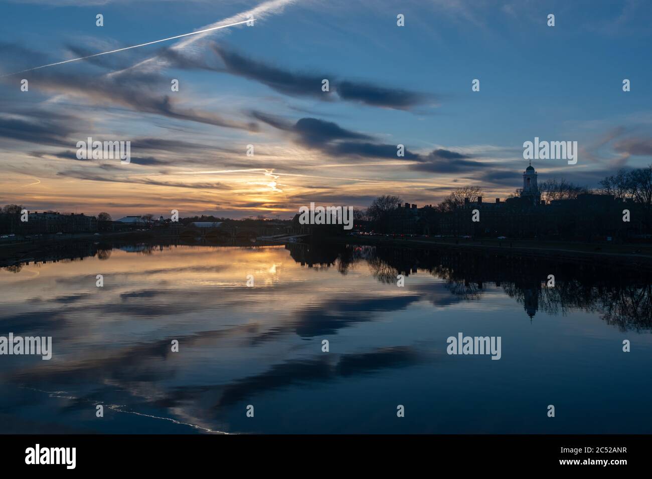 Charles River at dusk. Sleepy sunset in scenic Cambridge, New England, USA. Stock Photo