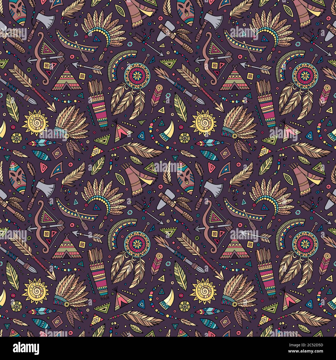 Vector cartoon seamless pattern with tribal elements Stock Vector