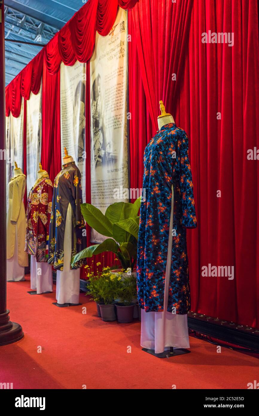 Ho Chi Minh city, Vietnam - June 28 2020: displaying Ao dai and Vietnamese traditional costumes during street festivals in Nguyen Hue street, Ho Chi M Stock Photo